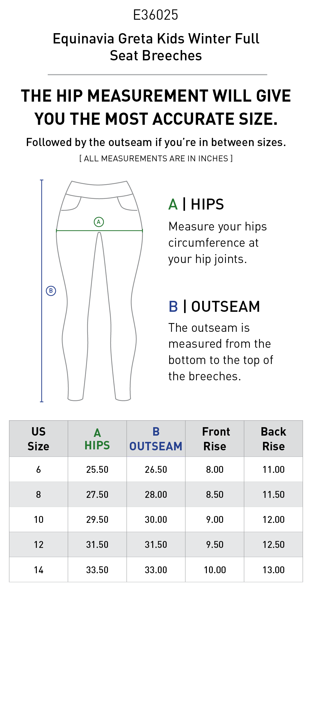 Size chart for Equinavia Greta Kids Winter Full Seat Breeches - Black