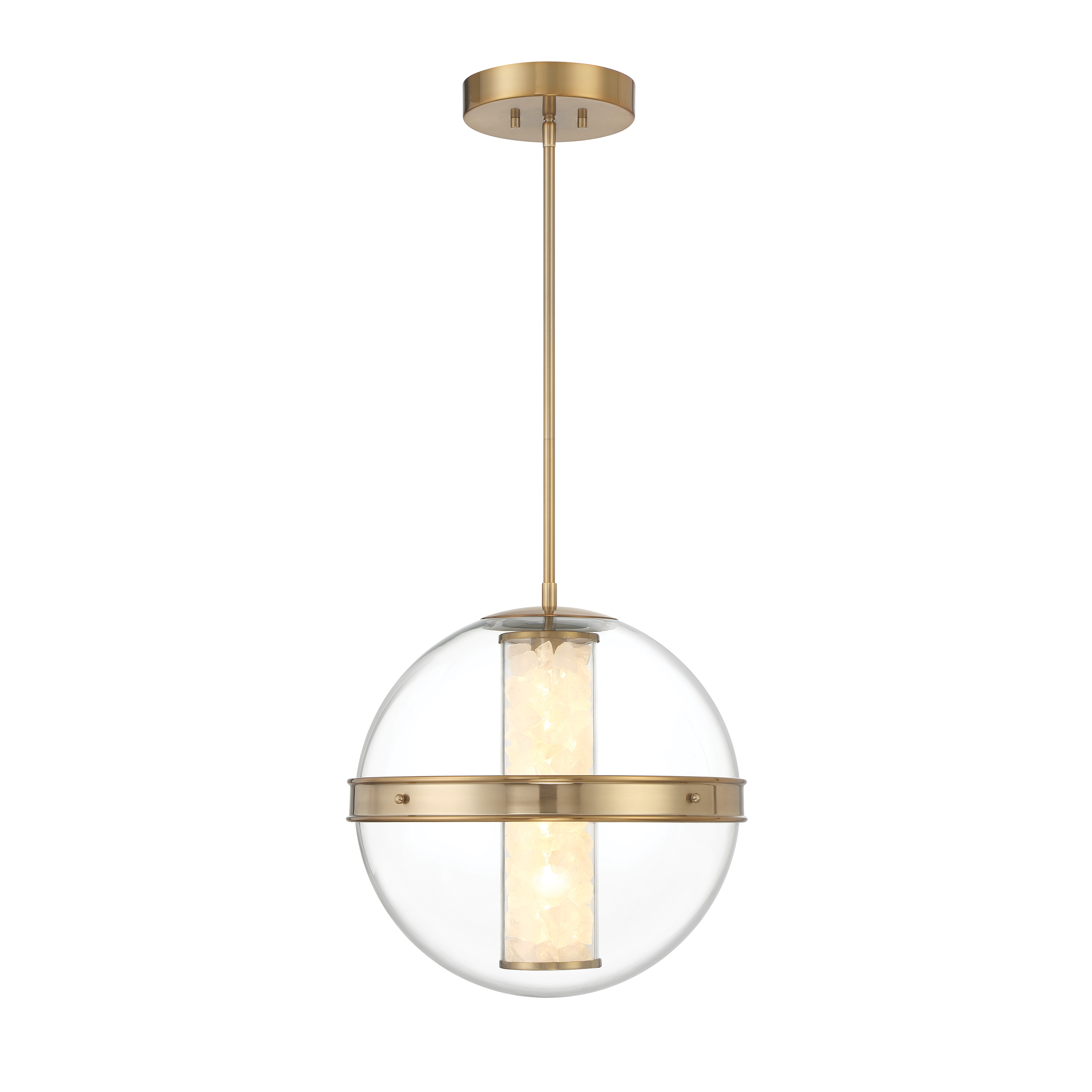 The Divinely pendant combines natural quartz crystalline with a sophisticated Celeste Brass finish, delivering 2,439 lumens of high-CRI LED light. Its 16.6-inch width makes it perfect for medium-sized spaces seeking elegant illumination. - alternate view