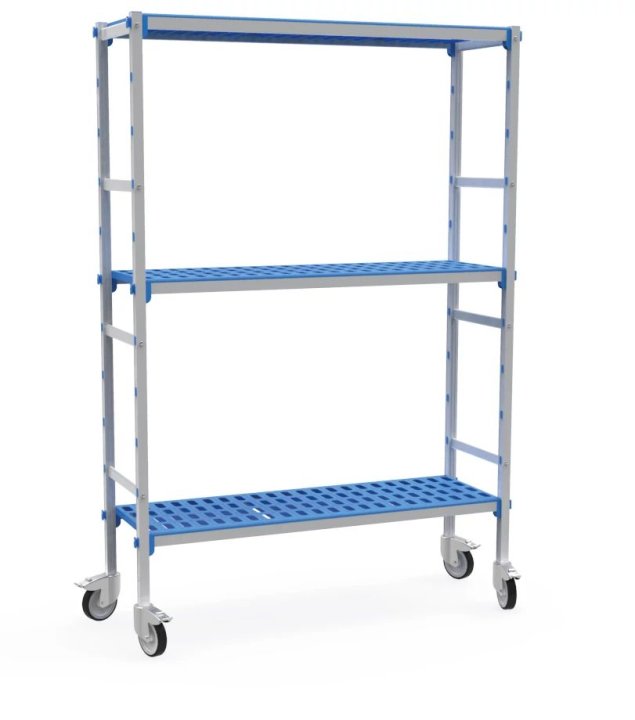 Kit de estanterías modulares de tres niveles con ruedas con estructura de aluminio anodizado con estanterías de polipropileno de 1375 x 555 mm