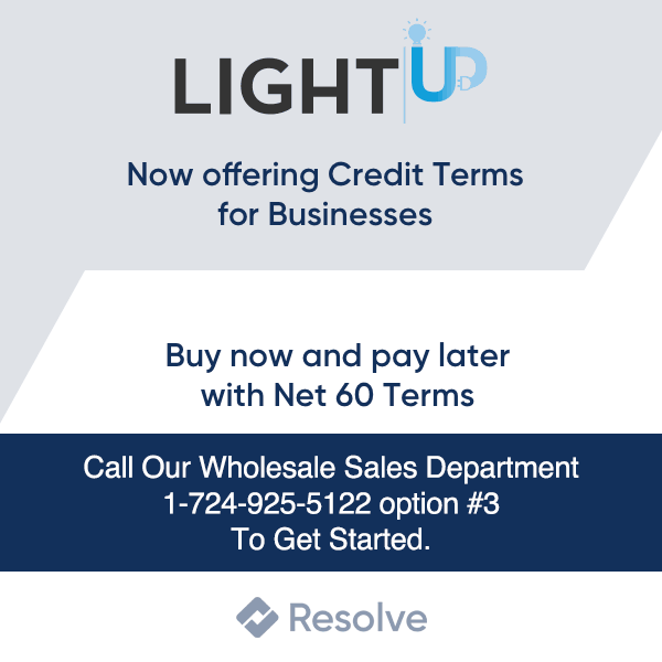 Promotional Banner: LighUp Logo - Now Offering Credit Terms for Businesses - Buy now and pay later with Net 60 terms - Call our wholesale sales department 1-724-925-5122 option #3 to get started. - Resolve Logo