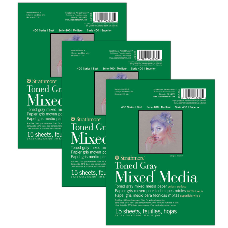 400 Series Mixed Media Pad, Toned Gray, Glue Binding, 15 Sheet, 6x8 inch, Pack of 3