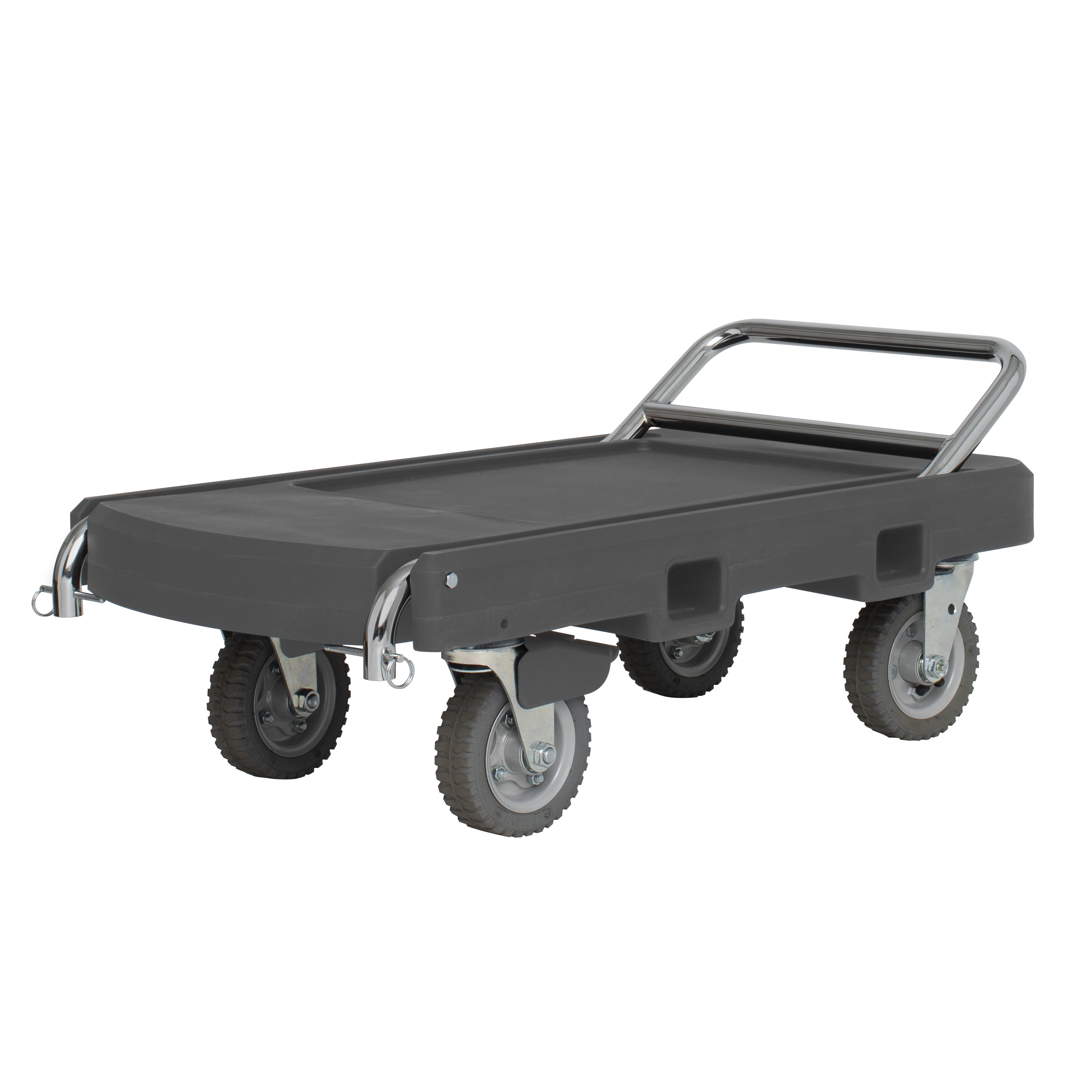 Flatbed utility dolly in dark gray with 6” pneumatic wheels, straps and