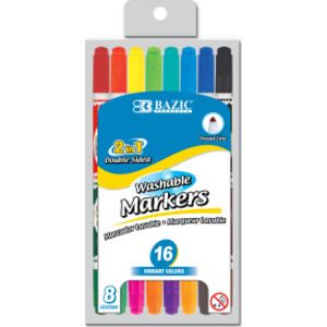 Marcadores Lavables, Doble Punta, 16 Colores, 8 Marcadores