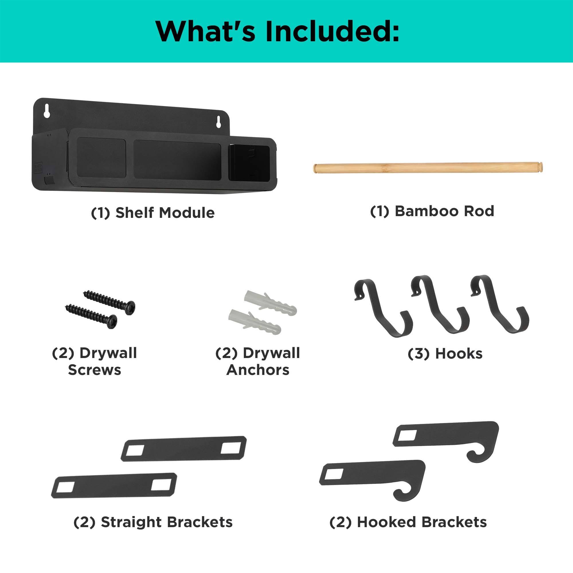 Items included in the BLACK+DECKER Hanging Rack Shelf Module in Black