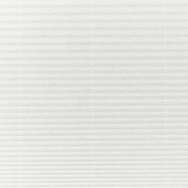White pleated cellular blinds, fully lowered across the window with three vertical beaded cord ladders, closed and diffusing soft daylight into a neutral, minimally furnished interior.