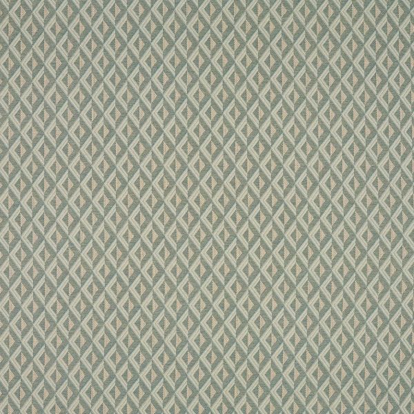 Woven geometric textile with small interlocking diamond lattice in muted green and beige; pattern repeats uniformly across a flat surface; close-up, even lighting, no visible surroundings.