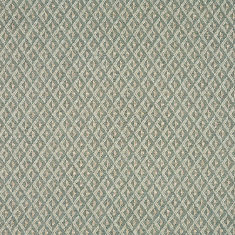 Woven geometric textile with small interlocking diamond lattice in muted green and beige; pattern repeats uniformly across a flat surface; close-up, even lighting, no visible surroundings.
