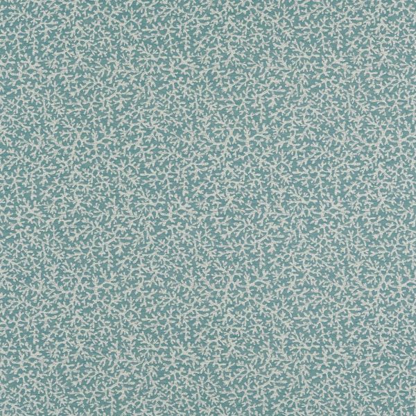 Wallpaper with teal ground and dense white coral‑like motifs (all‑over repeat); it covers the entire frame. Evenly lit flat wall surface, no furniture or windows visible.