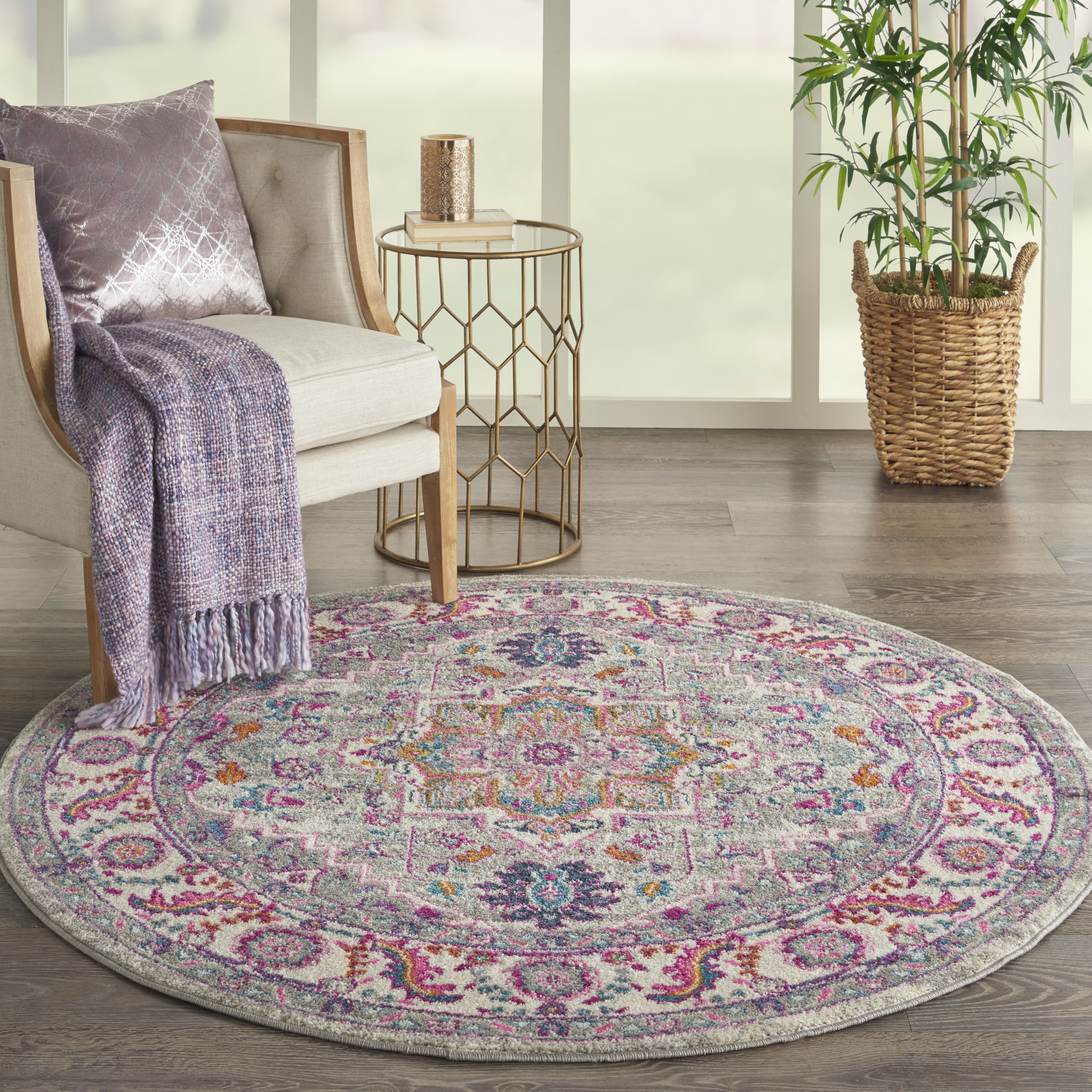 Nourison Passion 5' x Round Light Grey Pink Bohemian Indoor Rug