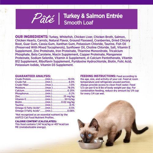 <p>Turkey, Whitefish, Chicken Liver, Chicken Broth, Salmon, Chicken Hearts, Carrots, Natural Flavor, Ground Flaxseed, Cranberries, Dried Chicory Root, Guar Gum, Cassia Gum, Xanthan Gum, Potassium Chloride, Taurine, Fish Oil (Preserved With Mixed Tocopherols), Sunflower Oil, Choline Chloride, Salt, Vitamin E Supplement, Zinc Proteinate, Iron Proteinate, Thiamine Mononitrate, Tricalcium Phosphate, Beta Carotene, Niacin Supplement, Copper Proteinate, Manganese Proteinate, Sodium Selenite, Vitamin A Supplement, d-Calcium Pantothenate, Vitamin B12 Supplement, Riboflavin Supplement, Pyridoxine Hydrochloride, Biotin, Folic Acid, Potassium Iodide, Vitamin D3 Supplement.</p>

