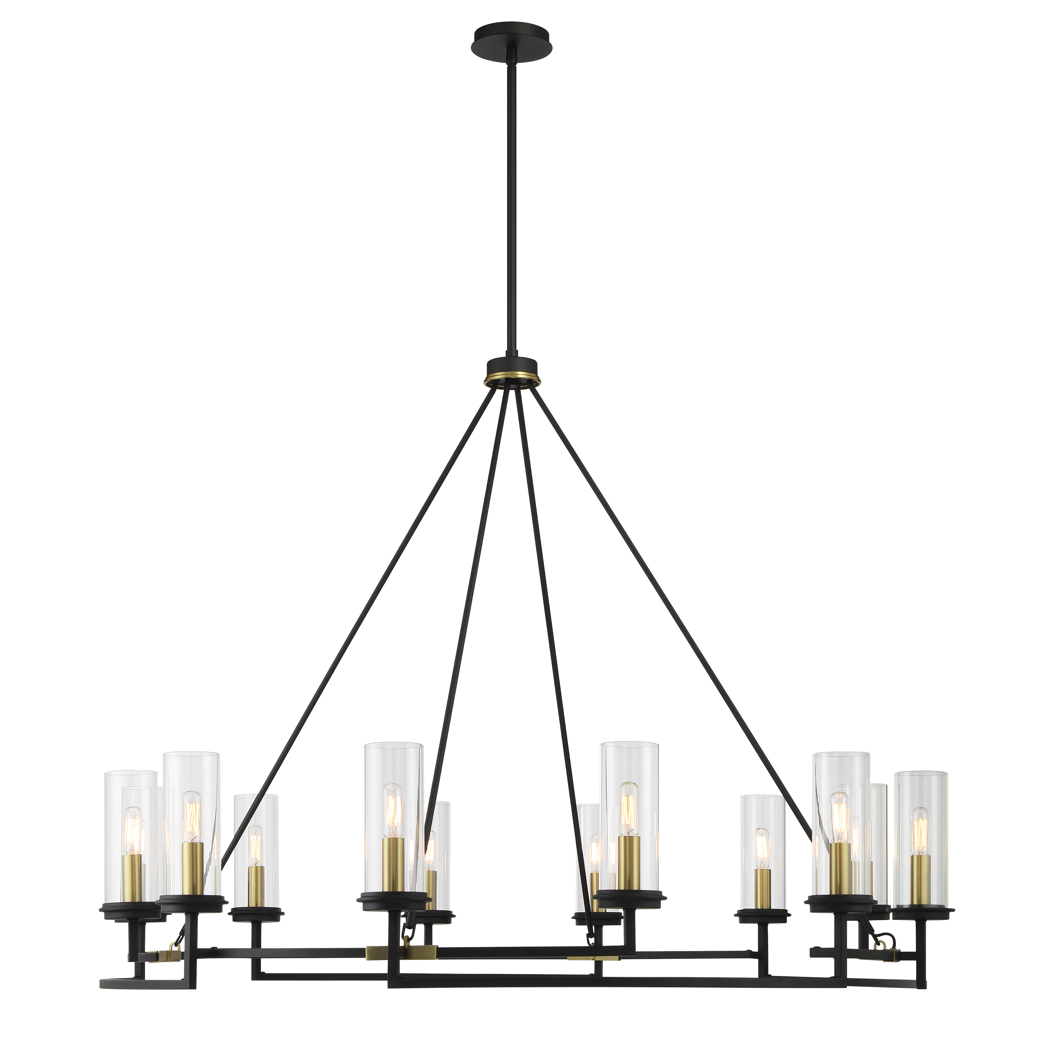 The Hillstone chandelier makes a bold architectural statement with its expansive 50-inch width and striking two-tone finish. Twelve candelabra lights provide abundant illumination while clear glass shades add sparkle and visual interest. - alternate view