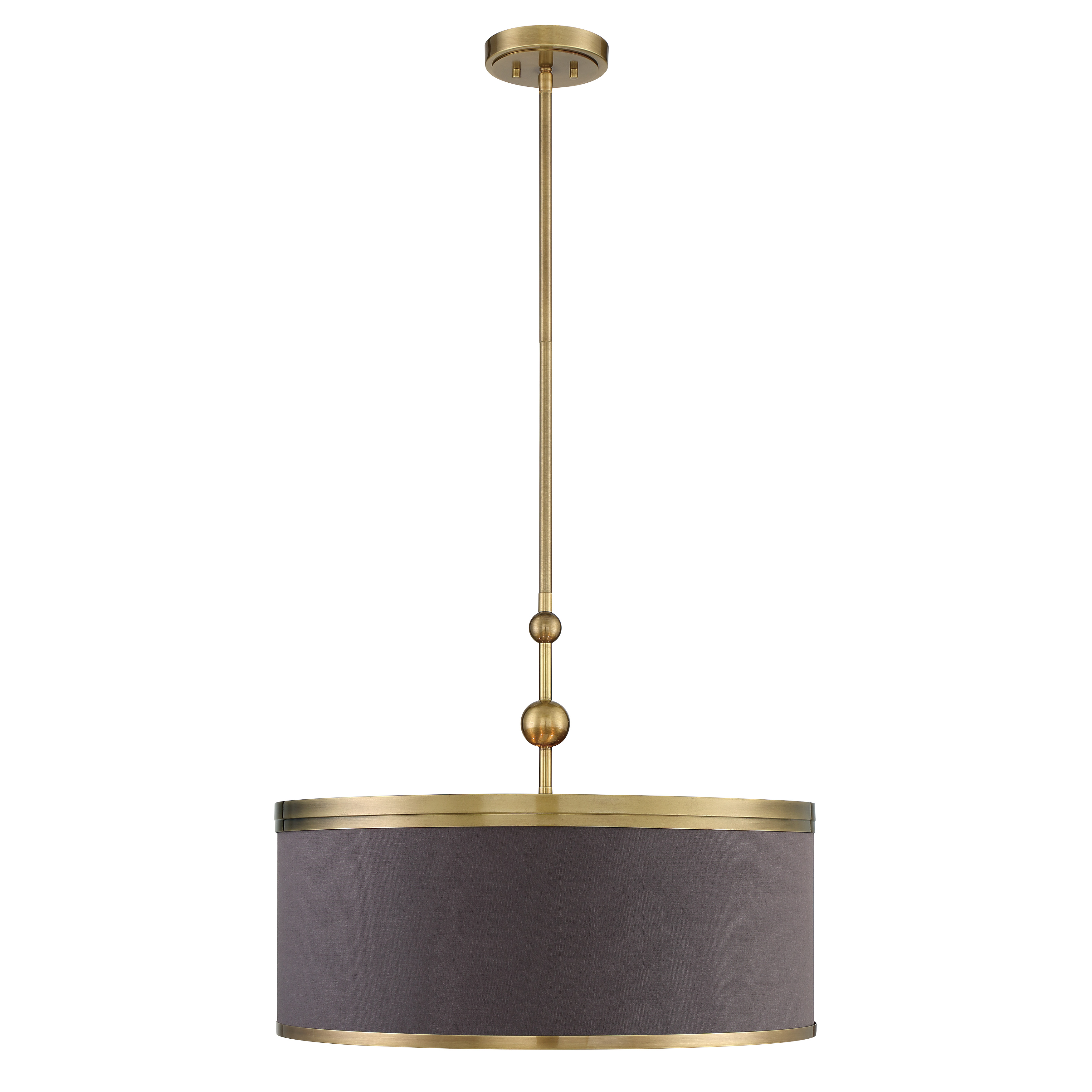 The Splendour pendant combines aged antique brass metalwork with a sophisticated chocolate linen shade, creating a warm, inviting focal point. Five candelabra bulbs provide ample illumination while the fabric shade softens the light for comfortable dining and living spaces. - alternate view