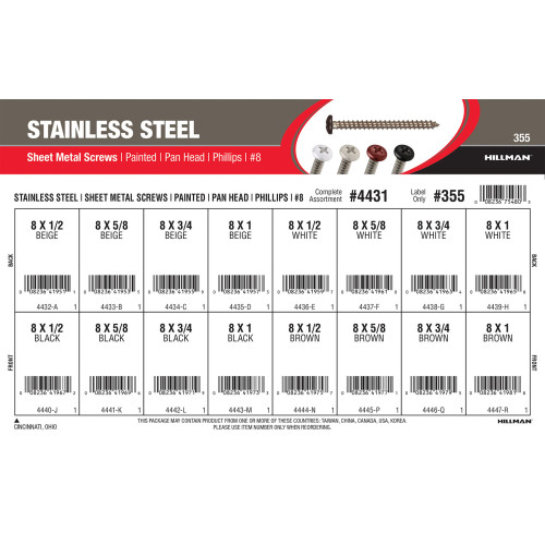 Painted #8 Phillips Pan Stainless Sheet Metal Screws Assortment