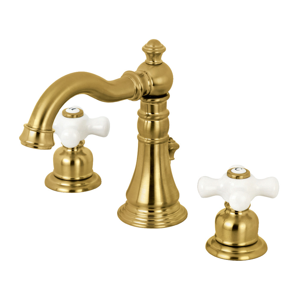 Two-Handle 3-Hole Deck Mount Widespread Bathroom Faucet with Brass Pop-Up, Brushed Brass with 5 Finish Options