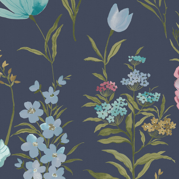 Floral sprigs and blossoms repeat across a dark slate-blue background; stems and leaves interweave, with small white, pink and yellow clustered flowers forming a vintage botanical wallpaper pattern.