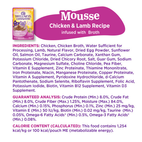 <p>Chicken, Chicken Broth, Water Sufficient for Processing, Lamb, Natural Flavor, Dried Egg Powder, Sunflower Oil, Salmon Oil, Taurine, Calcium Carbonate, Xanthan Gum, Potassium Chloride, Dried Chicory Root, Salt, Guar Gum, Sodium Carbonate, Magnesium Sulfate, Choline Chloride, Pea Fiber, Vitamin E Supplement, Zinc Proteinate, Thiamine Mononitrate, Iron Proteinate, Niacin, Manganese Proteinate, Copper Proteinate, Vitamin A Supplement, Pyridoxine Hydrochloride, d-Calcium Pantothenate, Sodium Selenite, Riboflavin Supplement, Folic Acid, Potassium Iodide, Biotin, Vitamin B12 Supplement, Vitamin D3 Supplement.									</p>