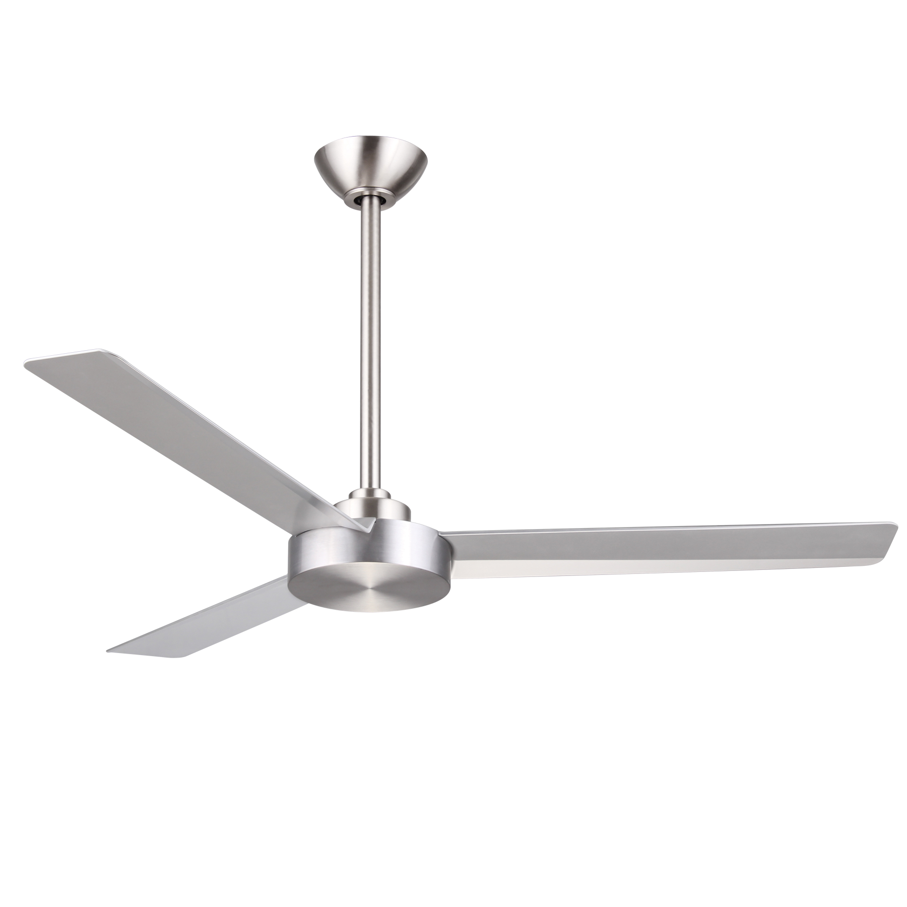 The Roto ceiling fan combines modern aesthetics with practical performance. Its brushed aluminum finish and silver blades create a clean, contemporary look that complements various interior styles. - alternate view