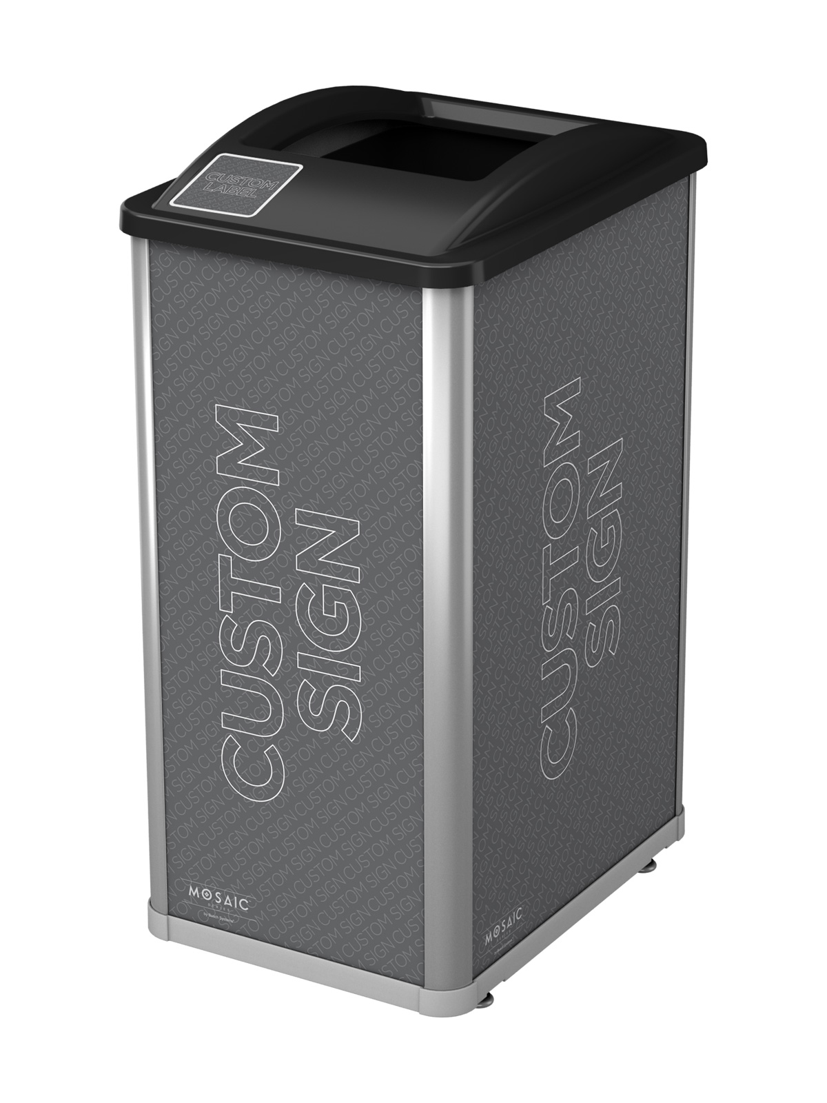 Mosaic Series single waste container with black full lid and custom signs and label