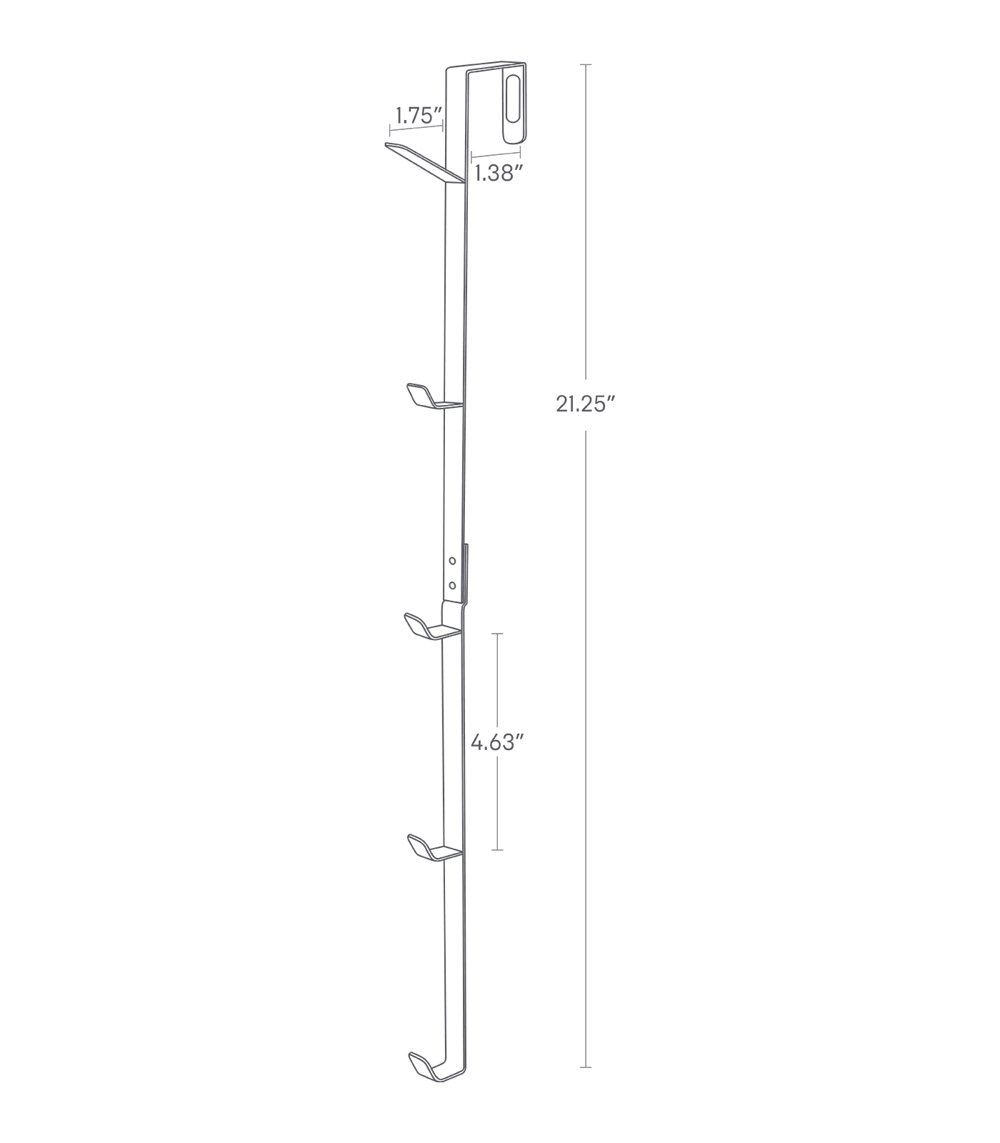 Dimension image for Over-the-Door Vertical Hookson a white background showingThe total length of the hook is 21.25 inches, with a distance of 4.63 inches between each hook. Each hook provides 1.75 inches of space and can accommodate doors with a width of up to 1.38 inches