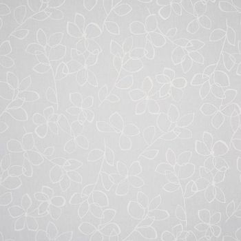 Light-gray fabric panel with delicate white outlined floral vines (curtain-like), covering the surface with a repeating pattern, evenly lit against a neutral background.