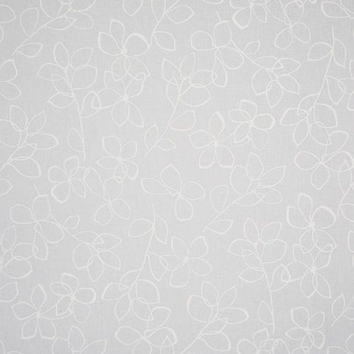 Light-gray fabric panel with delicate white outlined floral vines (curtain-like), covering the surface with a repeating pattern, evenly lit against a neutral background.