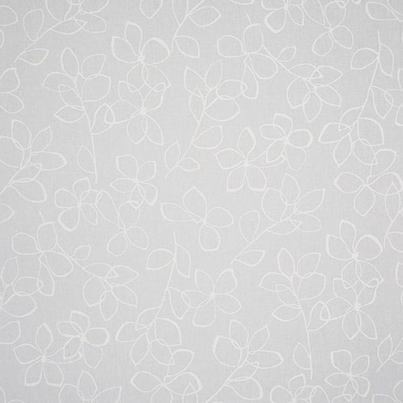 Light-gray fabric panel with delicate white outlined floral vines (curtain-like), covering the surface with a repeating pattern, evenly lit against a neutral background.