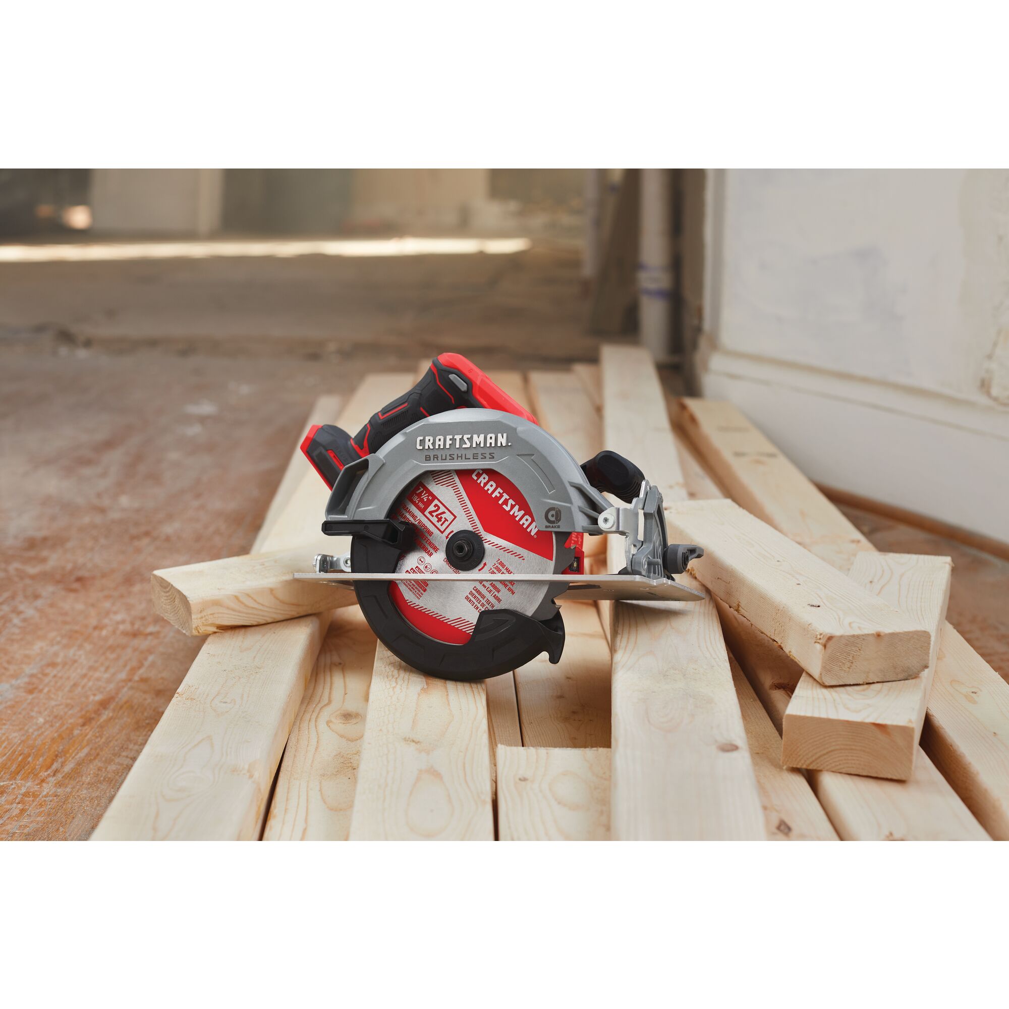 20 volt 7 1 quarter inch brushless cordless circular saw without battery placed on wooden planks.