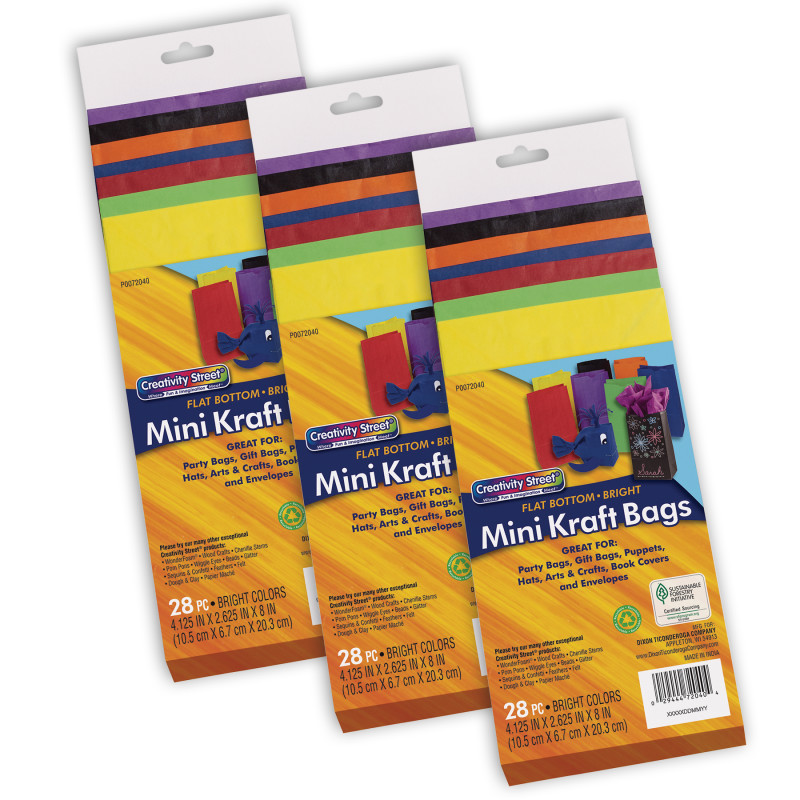 Mini+Kraft+Bag%2C+Assorted+Bright+Colors%2C+4-1%2F8%22+x+2-5%2F8%22+x+8%22%2C+28+Per+Pack%2C+3+Packs