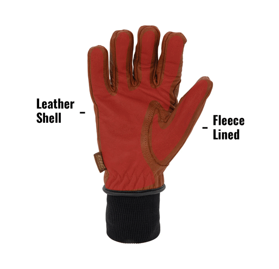 Waterproof Fleece Lined Buffalo Leather Driver Winter Work Glove with Rib Knit Cuff in Russet Brown TKLD showing Leather Shell and Fleece Lined