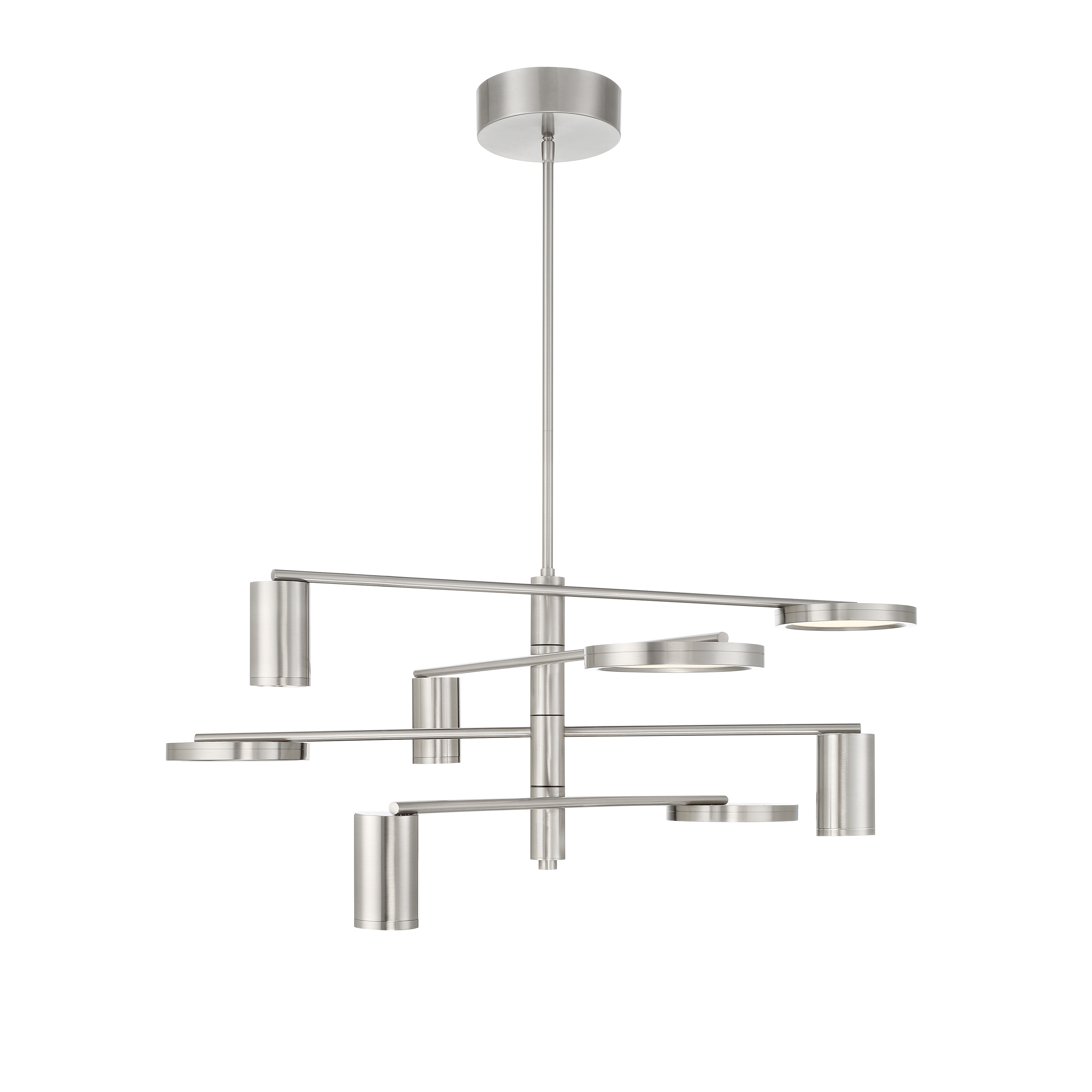 The Swivel chandelier combines contemporary style with practical functionality. Its unique swivel mechanism allows you to adjust the light direction to suit your space, while the brushed nickel finish and clean lines complement modern interiors. - alternate view