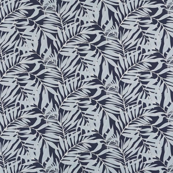 Wallpaper with pale-blue palm-leaf motifs â€” repeating pattern covering the surface â€” dark navy background, flat decorative wall or fabric showing layered tropical leaves under even lighting.