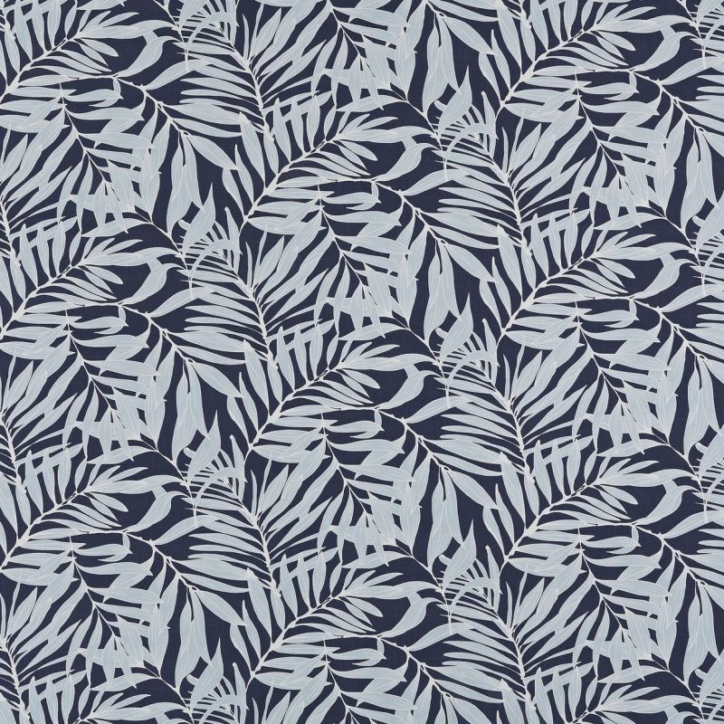 Wallpaper with pale-blue palm-leaf motifs — repeating pattern covering the surface — dark navy background, flat decorative wall or fabric showing layered tropical leaves under even lighting.