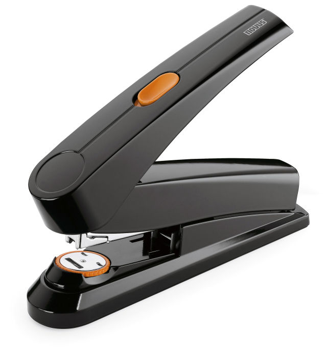 Power-on-demand flat clinch stapler that requires 70% less effort to staple 50 sheets.