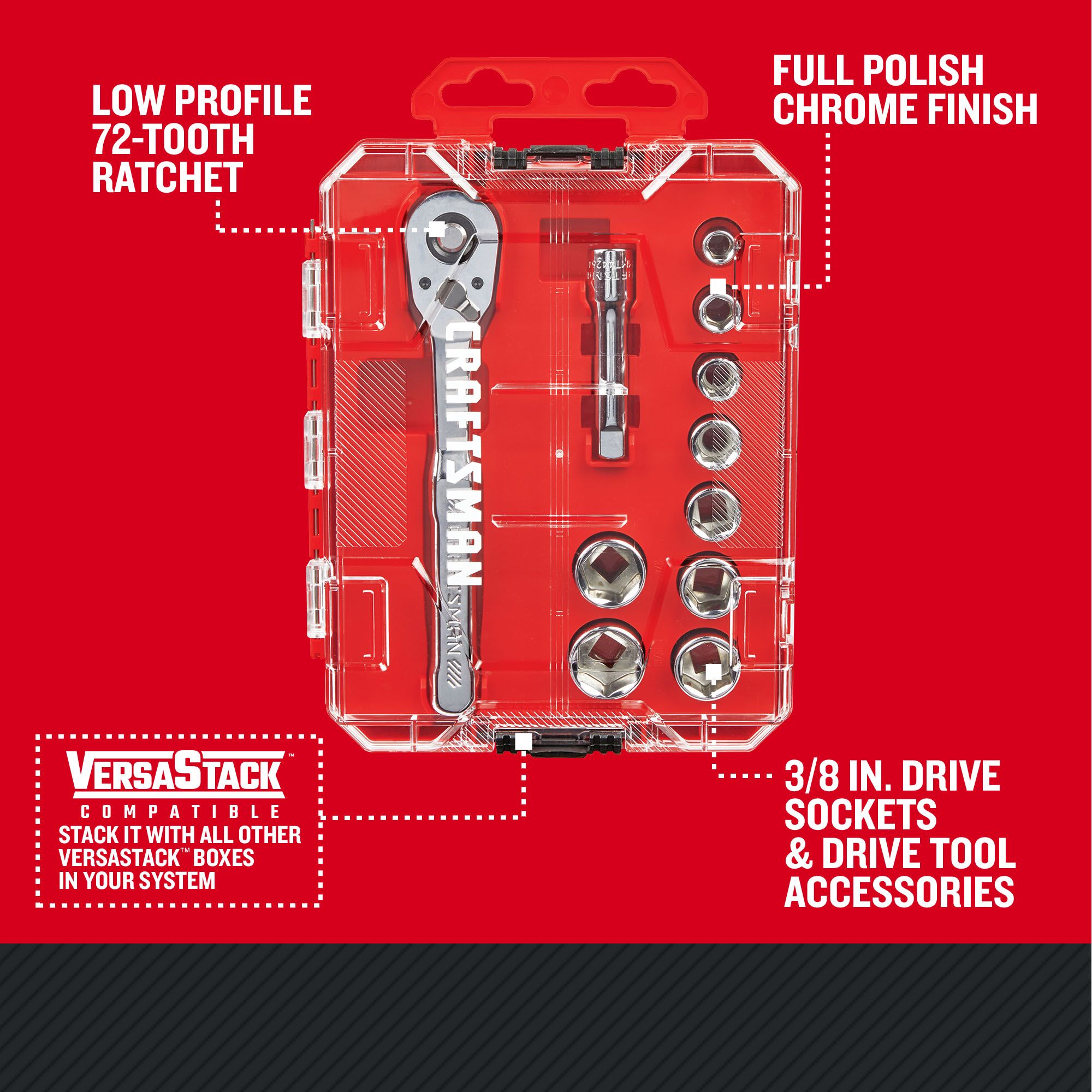 CRAFTSMAN Low Profile 11 piece 3/8 inch drive NANO MECHANICS TOOL SET with features and benefits highlighted