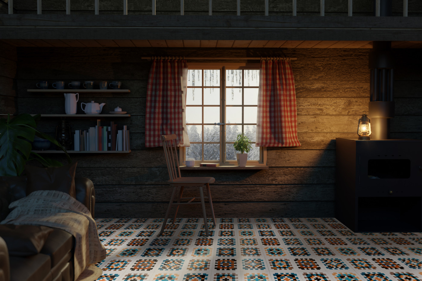 a living room in a log cabin.