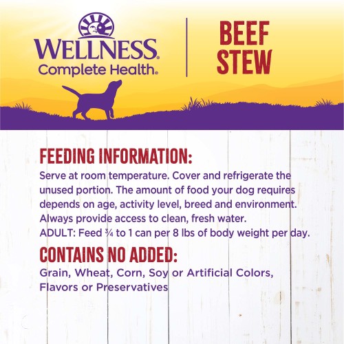 <p>Amount of food required will depend on activity, age, environment and breed. Feed at room temperature and refrigerate unused portion. Always provide access to clean, fresh water.  </p>
<p>Adult: Feed ¾ can per 8 lbs of body weight per day<br />
Combination Feeding: If feeding with Wellness dry food, reduce dry amount fed by 1/2 cup for every 6 oz of wet food.</p>
