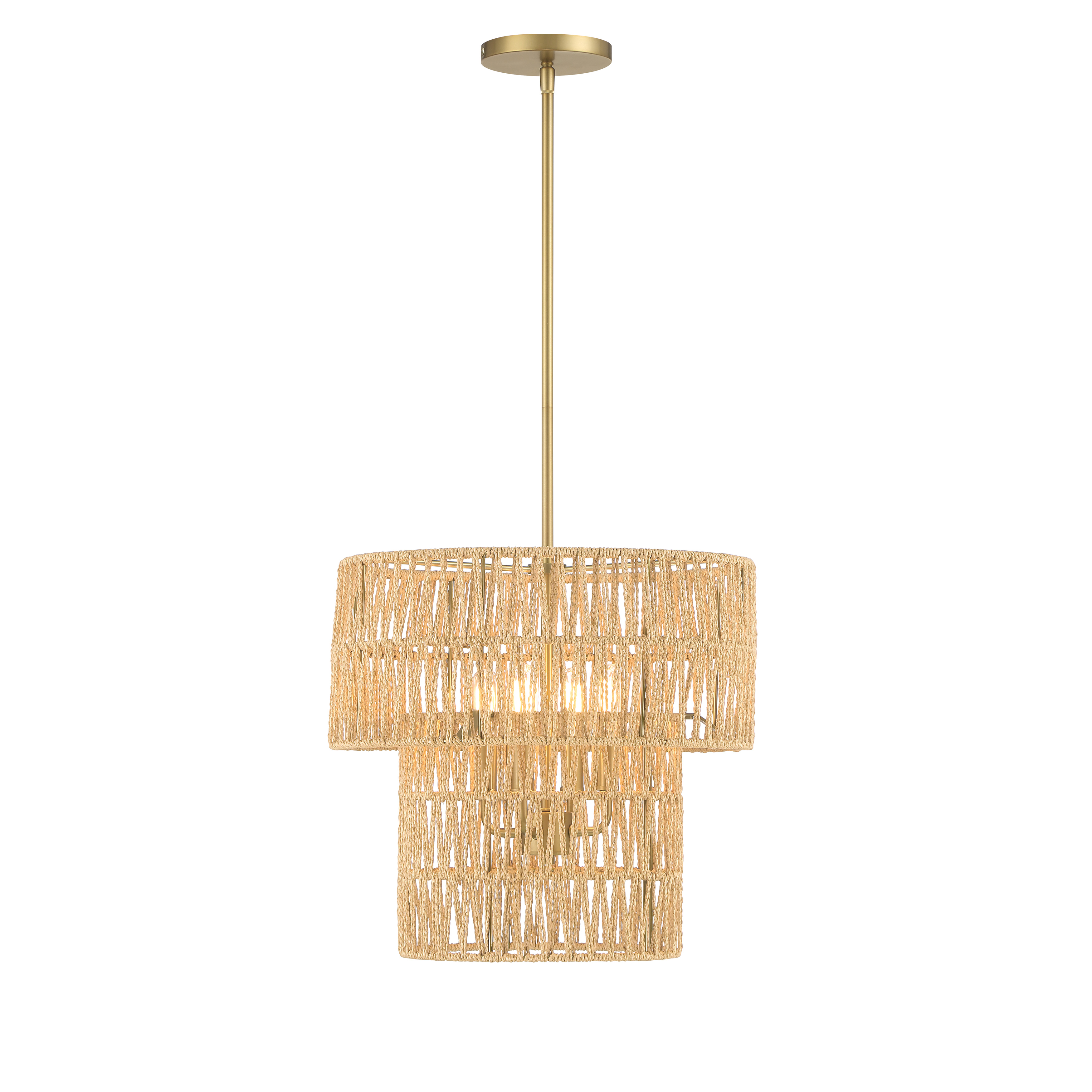 The Bungalow Heaven pendant combines soft brass metalwork with natural papyrus rope for a relaxed, organic aesthetic. Its compact 16-inch width makes it ideal for smaller dining areas, kitchen islands, or as a charming accent in bedrooms and entryways. - alternate view