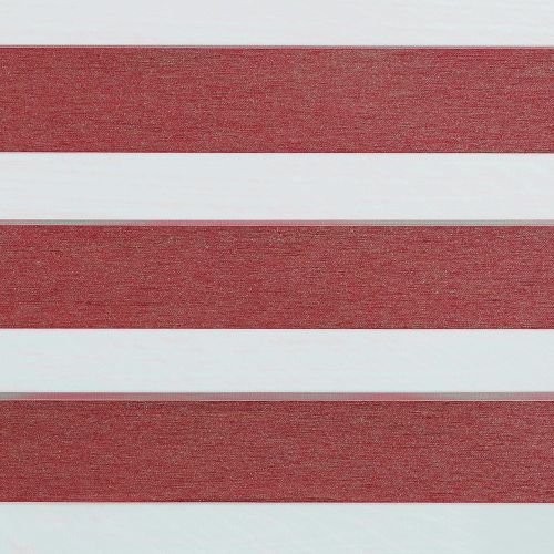 Horizontal dual‑fabric blinds with wide maroon textured opaque bands alternating with translucent white bands; positioned lowered, blocking and diffusing light in an interior setting with no visible view.