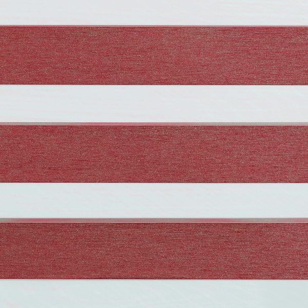 Horizontal dualâ€‘fabric blinds with wide maroon textured opaque bands alternating with translucent white bands; positioned lowered, blocking and diffusing light in an interior setting with no visible view.