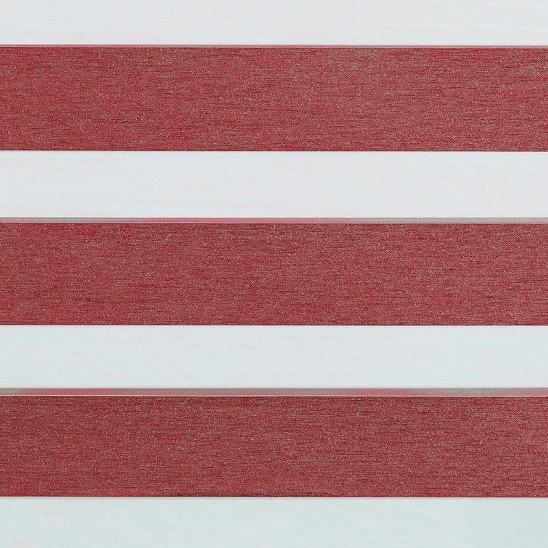 Horizontal dualâ€‘fabric blinds with wide maroon textured opaque bands alternating with translucent white bands; positioned lowered, blocking and diffusing light in an interior setting with no visible view.