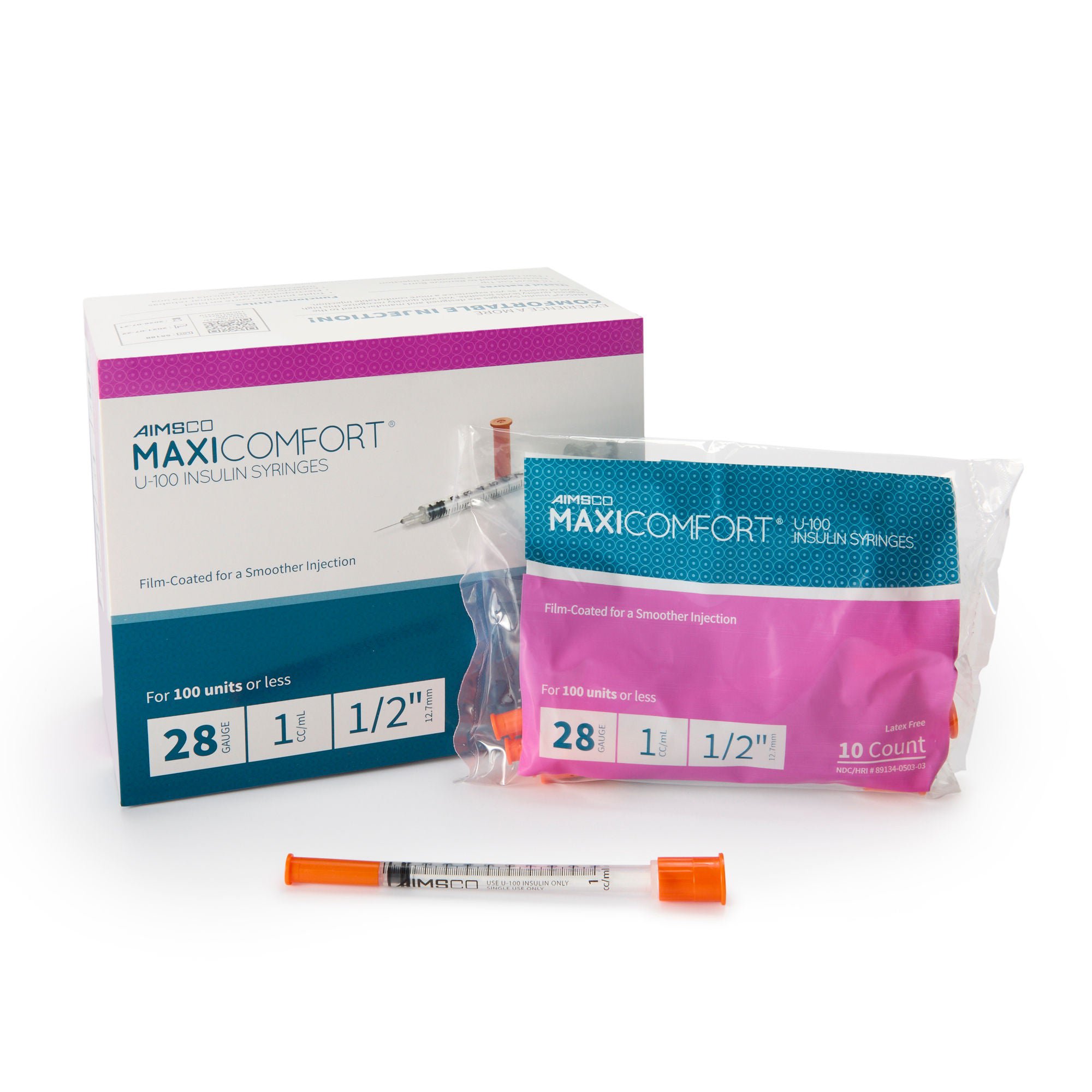 MaxiComfort® II Standard Insulin 1mL Syringe with Needle, 28 Gauge, 0.5 Inch
