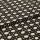 Woven beige fabric with dense black geometric lattice pattern, folded over itself; repeating circular-and-cross motif, textured upholstery cloth displayed flat under neutral studio lighting.