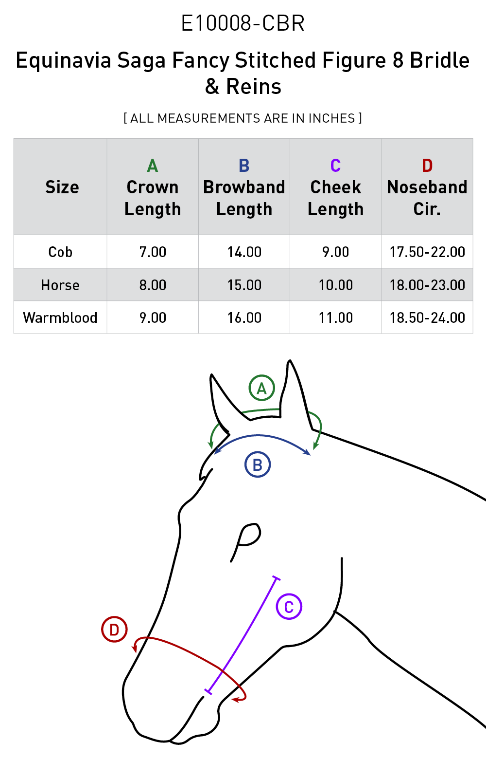 Size chart for Equinavia Saga Fancy Stitched Figure 8 Bridle & Reins - Chocolate Brown