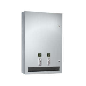 American Specialties Inc, Dual Napkin/Tampon Vendor, Surface Mounted, 25¢ Operation, Stainless Steel