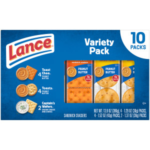 Lance Sandwich Crackers, Variety Pack, 3 Flavors, 10 Individually Wrapped Packs, 6 Sandwiches Each