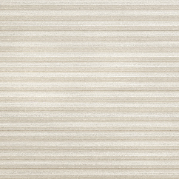 Beige pleated cellular blind, fully lowered, showing fine woven texture and narrow horizontal honeycomb folds; closed and diffusing soft daylight, likely covering a window in a neutral, softly lit room.
