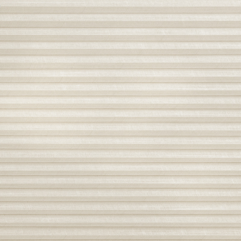 Beige pleated cellular blind, fully lowered, showing fine woven texture and narrow horizontal honeycomb folds; closed and diffusing soft daylight, likely covering a window in a neutral, softly lit room.