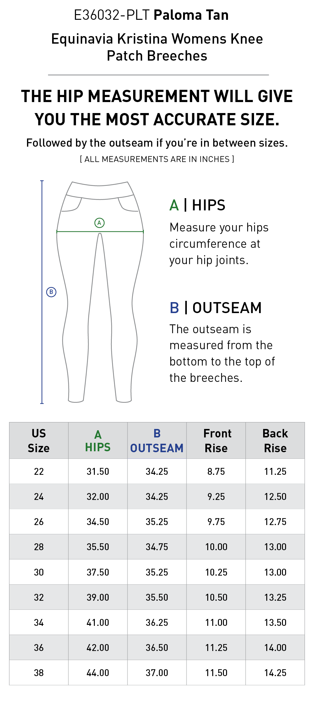Size chart for Equinavia Kristina Womens Knee Patch Breeches - Paloma Tan