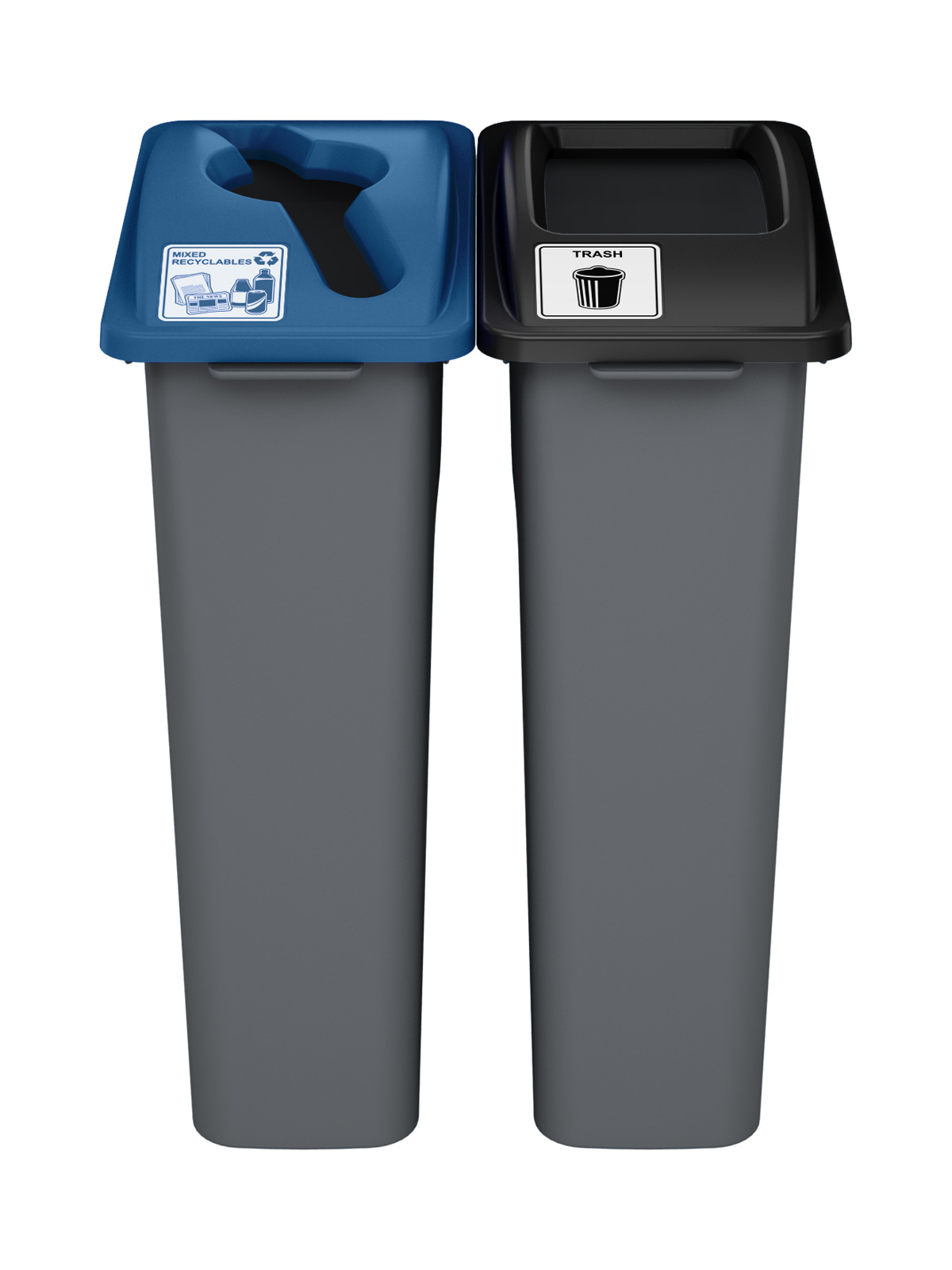 WASTE WATCHER – Double – Kit – Mixed Recyclables-Trash – Mixed-Full – Grey PCR-Blue PCR-Black PCR