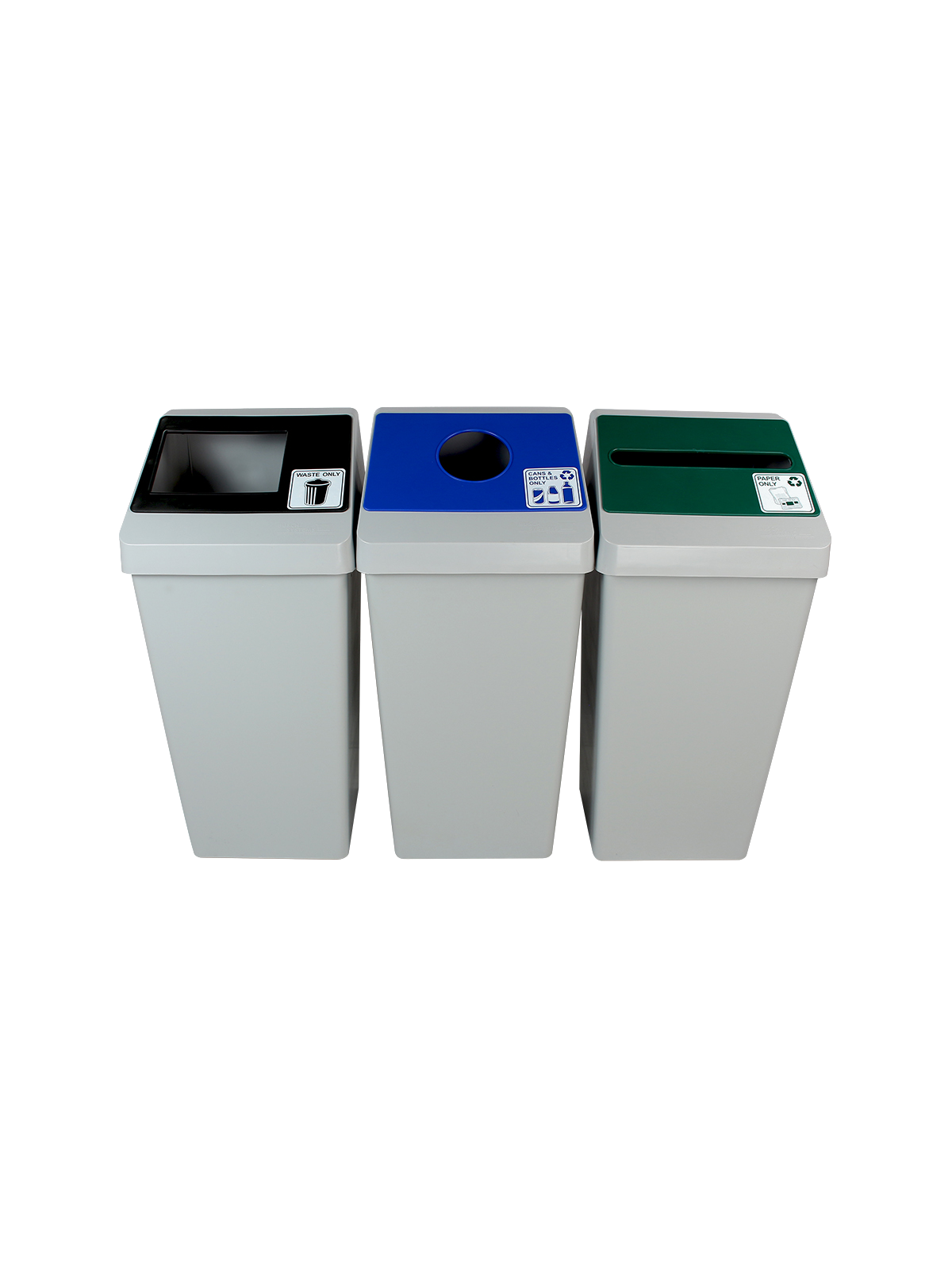 SMART SORT – Triple – Kit – Cans & Bottles-Paper-Waste – Circle-Slot-Full – Grey-Blue-Green-Black